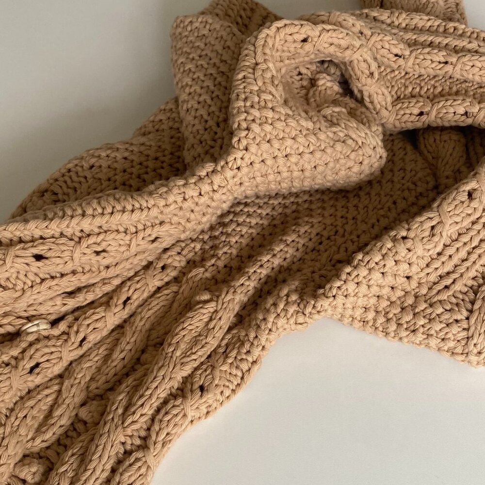 Genrty Portofino Extra Fine Wool Oversized Cable Knit Long Cardigan 4/6 Camel - Picture 13 of 16